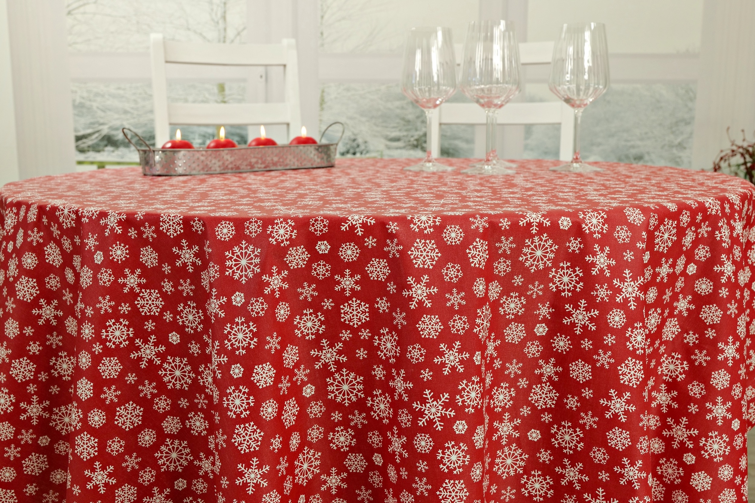 Abwaschbare Tischwäsche Rot Weihnachtsmotiv Schneeflocke ab Ø 80 cm bis 138 cm RUND
