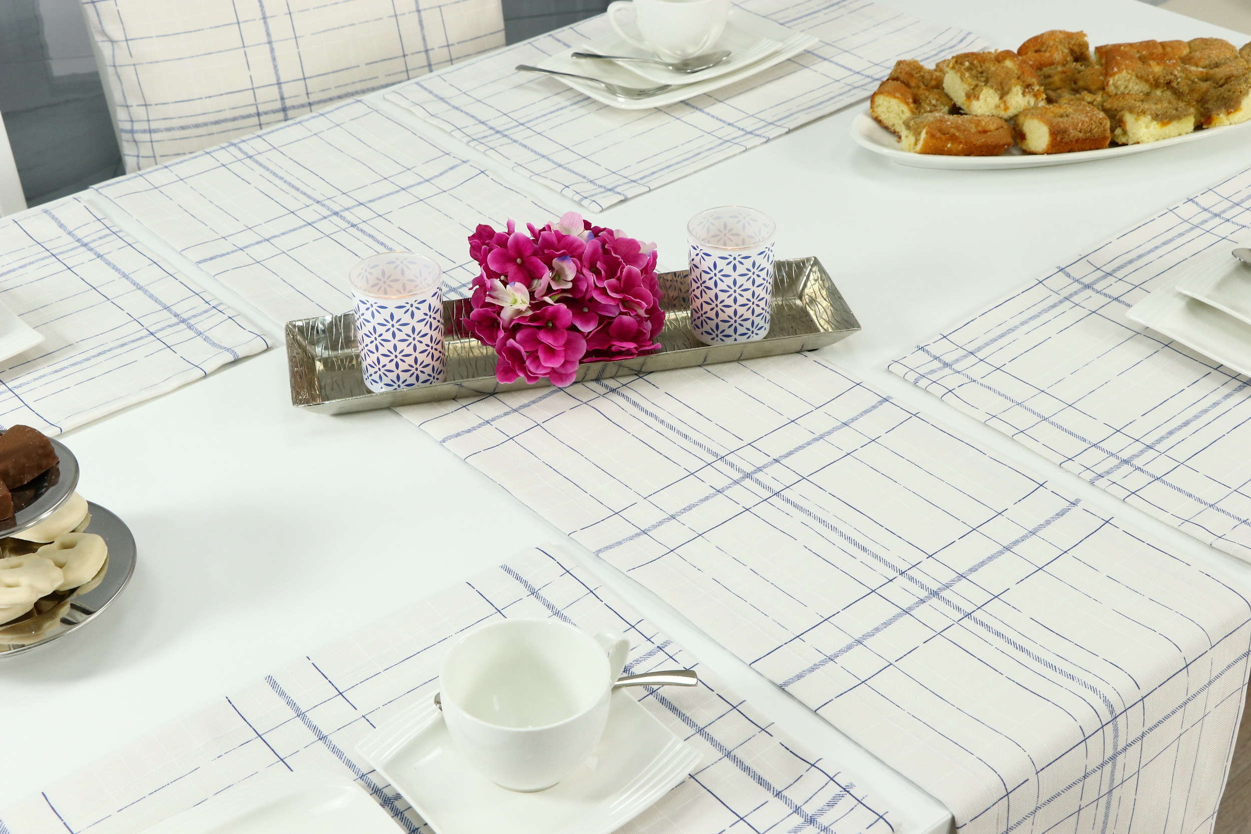 Tischläufer Checkered Creme Blau Karo Breite 40 cm