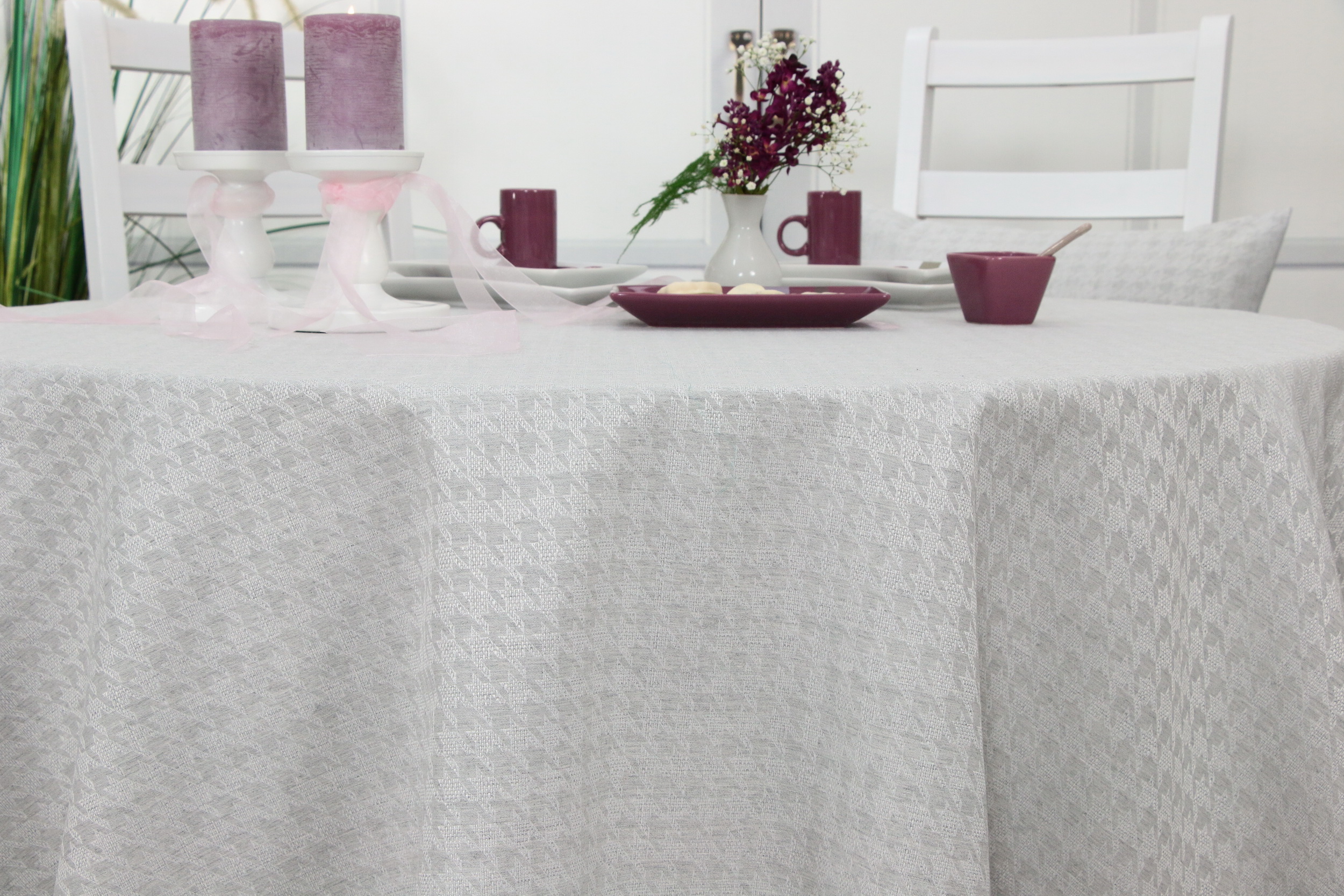 Tischdecke mit Fleckschutz Evita Perlgrau Muster ab 80 cm bis 200 cm RUND