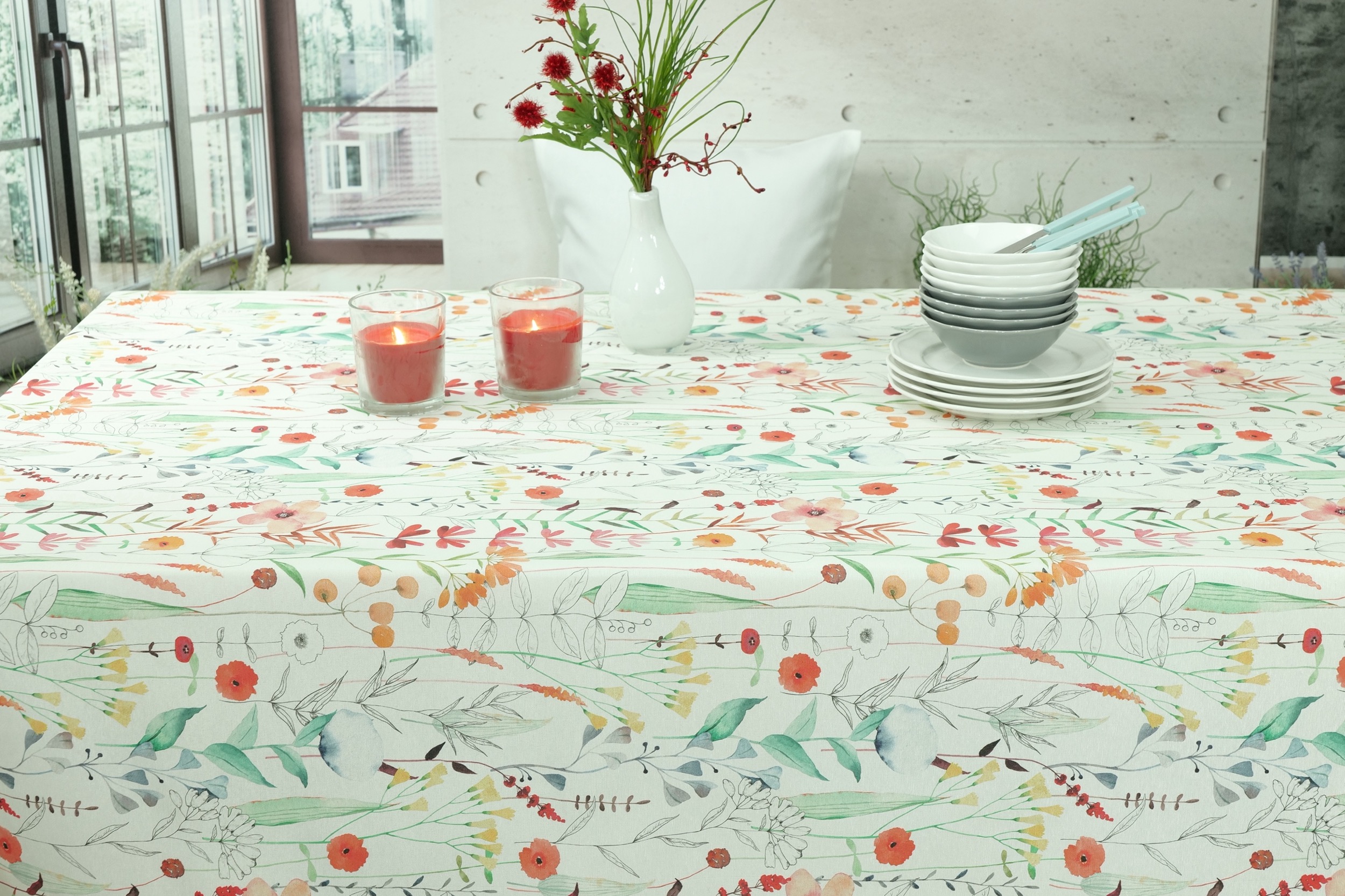 Tischdecke abwaschbar Muster bunte Pflanzen Beatrice Breite 120 cm