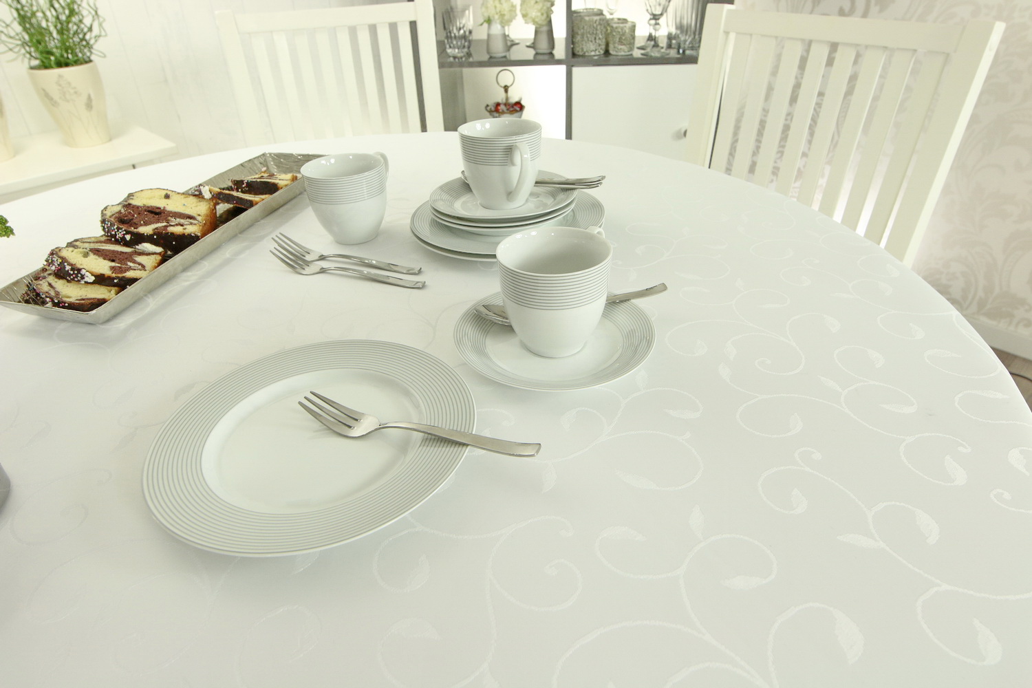OVALE Tischdecke Damast Fleckschutz weiß Muster 150 cm