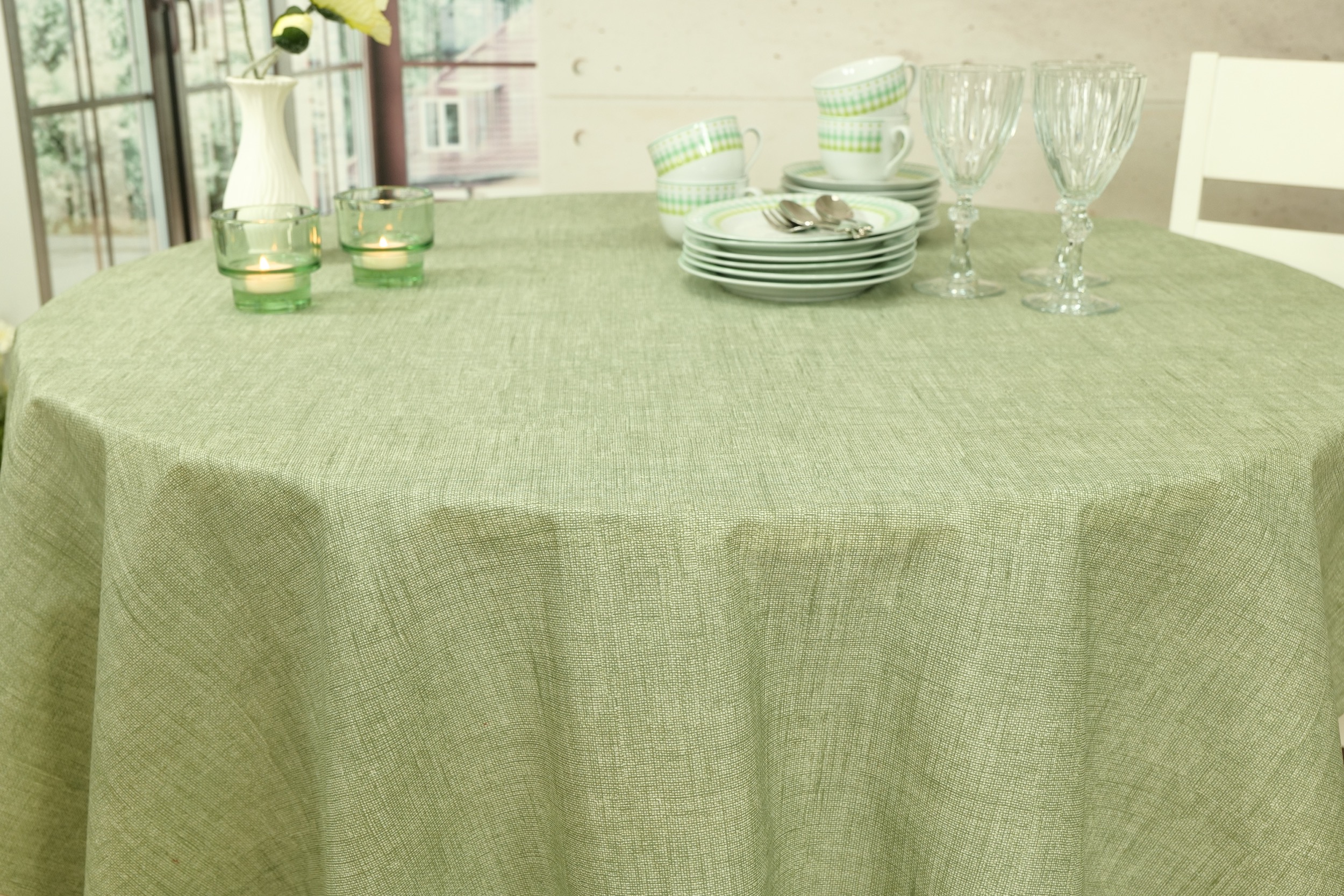 Tischdecke abwaschbar Thymiangrün einfarbig Lisanne ab 80 cm bis 138 cm RUND