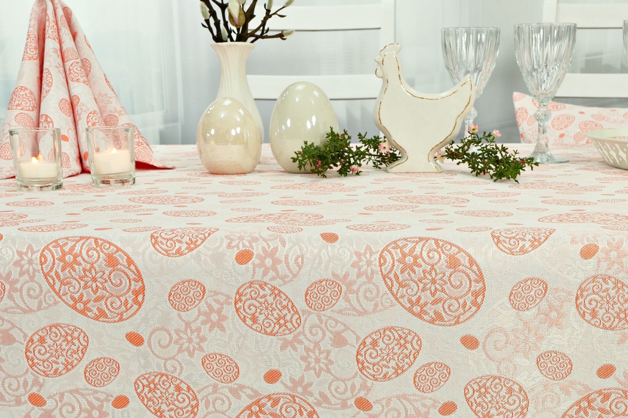 Oster Tischdecke mit Fleckschutz Weiß Orange Easter Egg Breite 150 cm
