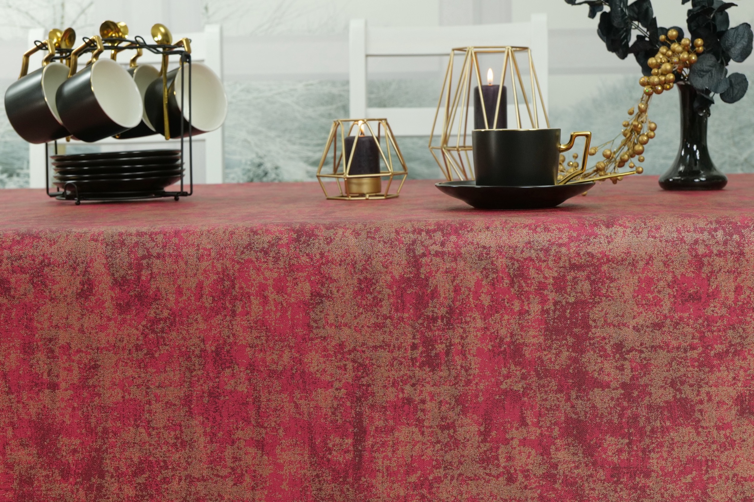 Abwaschbare Tischdecke Rot-Lila Gold marmoriert Thasos Breite 110 cm