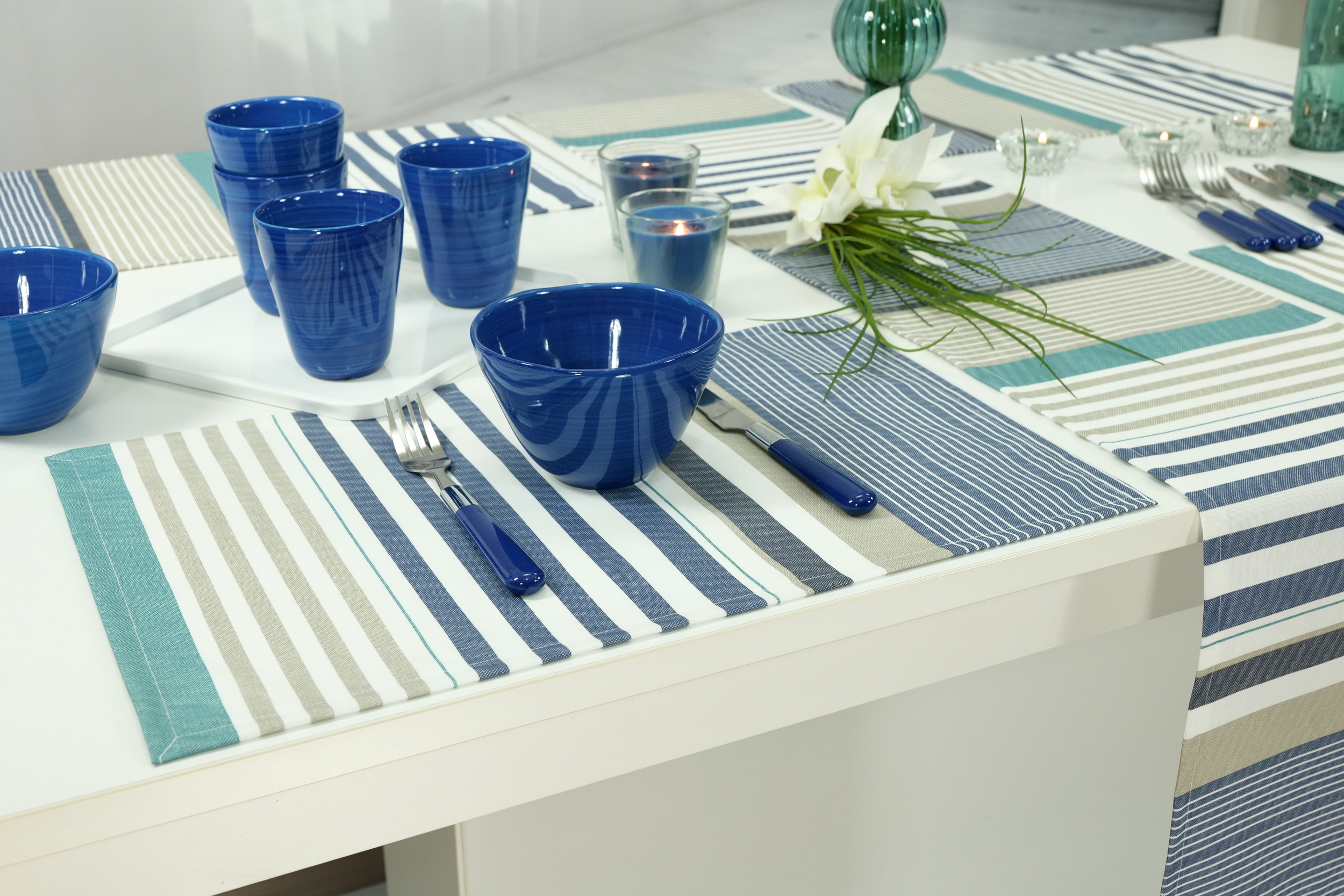Abwaschbare Tischsets Blau Beige gestreift Nordsee Größe 30x48 cm Platzset