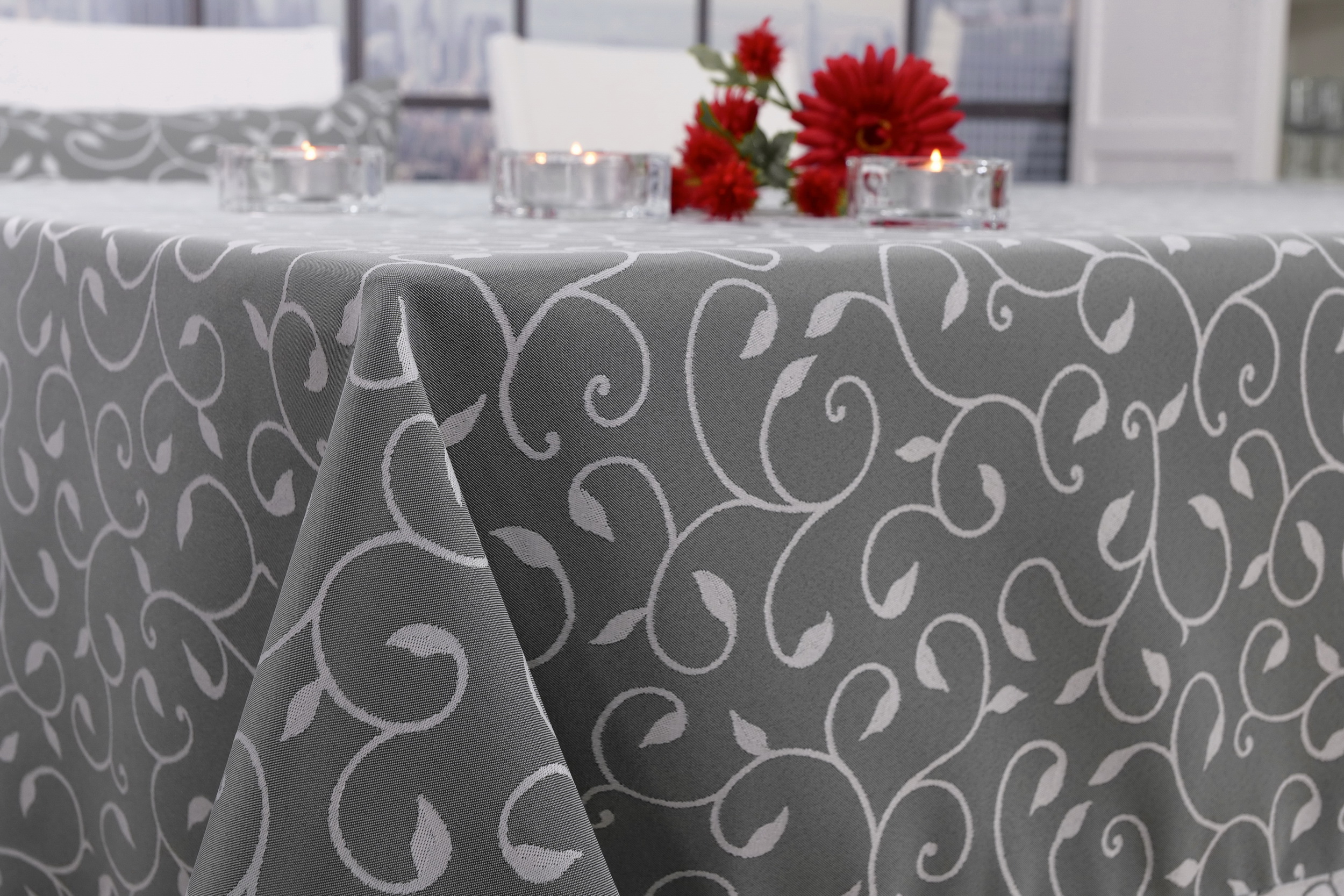 Damast Tischdecke mit Fleckschutz Dunkelgrau Muster Ranke Breite 150 cm