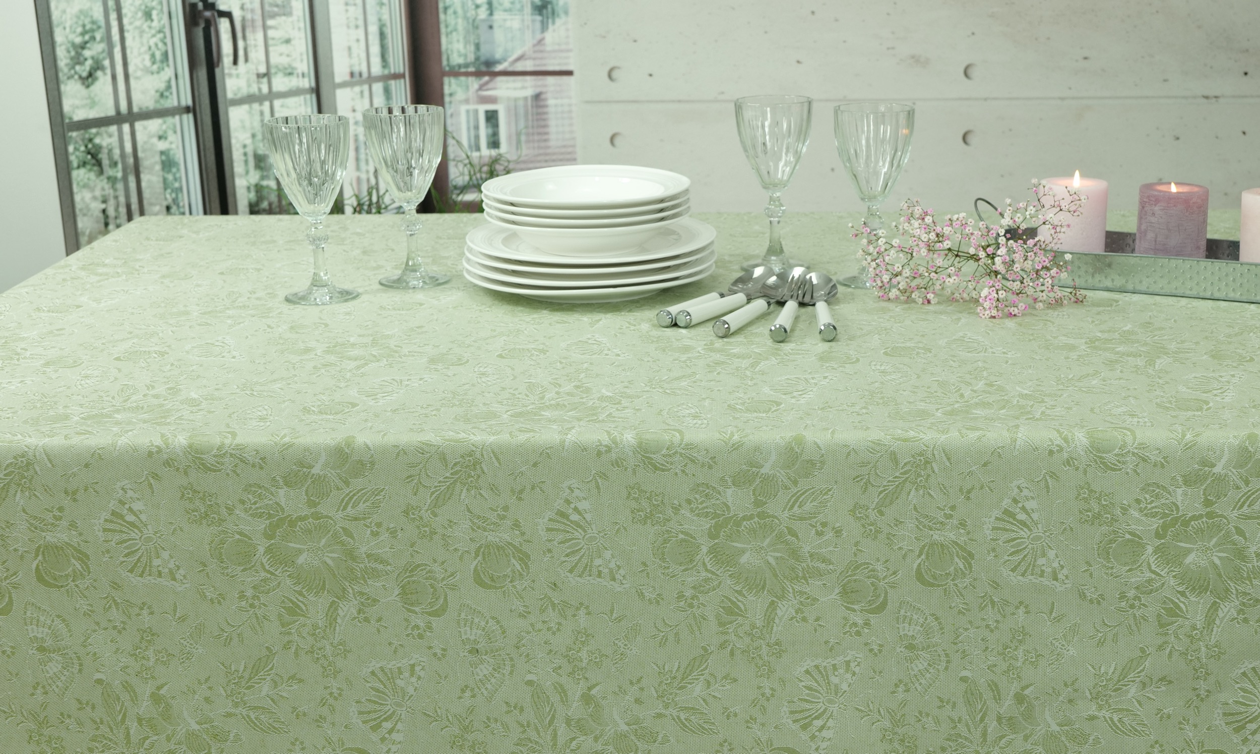 Tischdecke abwaschbar Pistaziengrün gemustert Helen Breite 170 cm