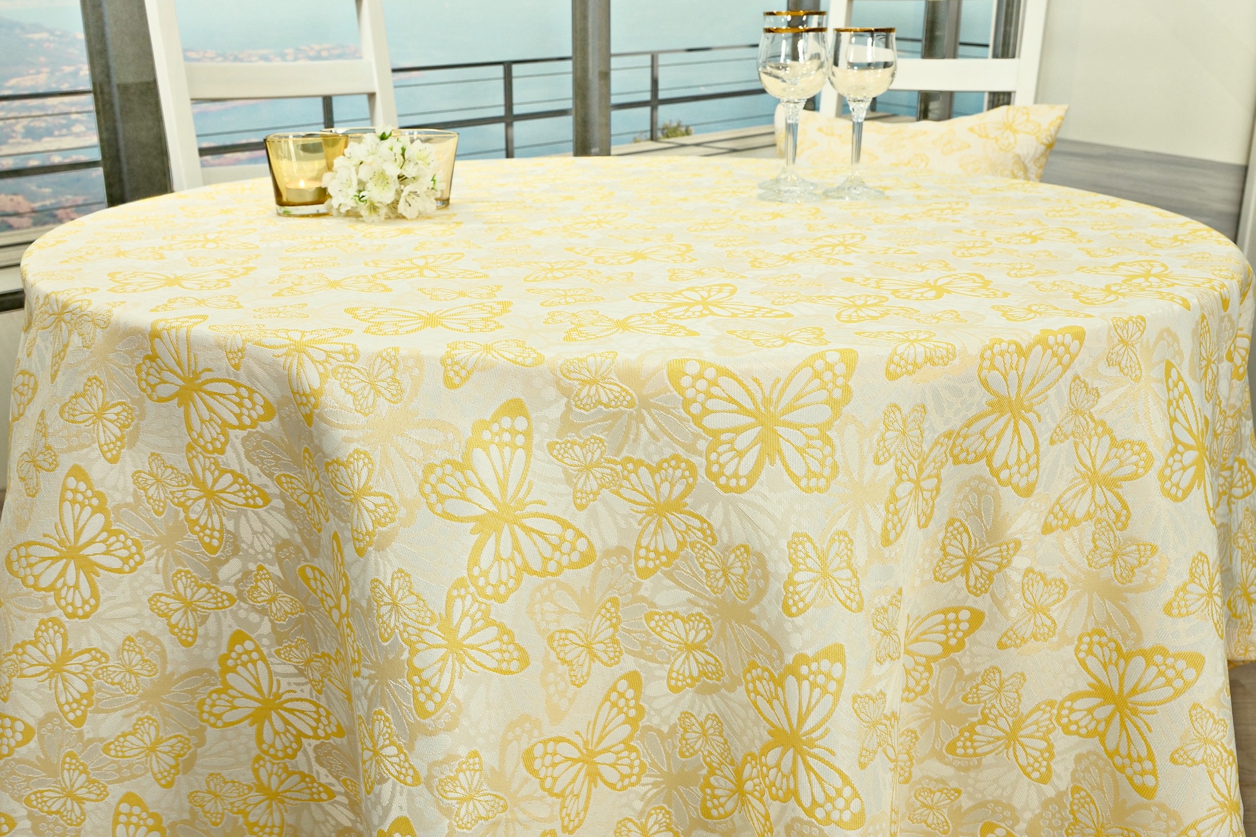 Fleckgeschützte Tischdecke Weiß Gelb Muster Springtime ab 80 cm bis 160 cm RUND