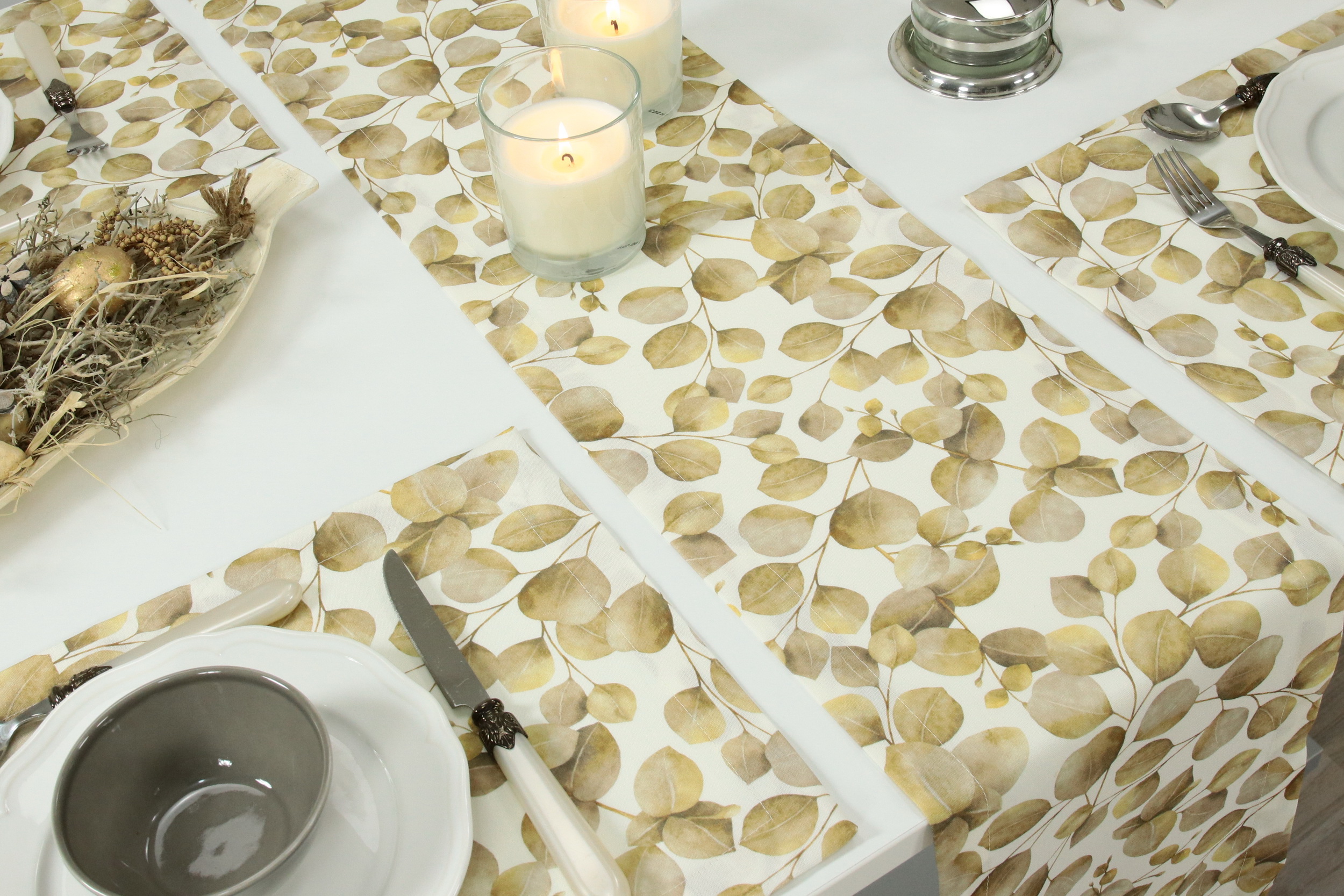 Tischläufer mit Fleckschutz Natur Beige Blätter Muster Größe 25x140 cm