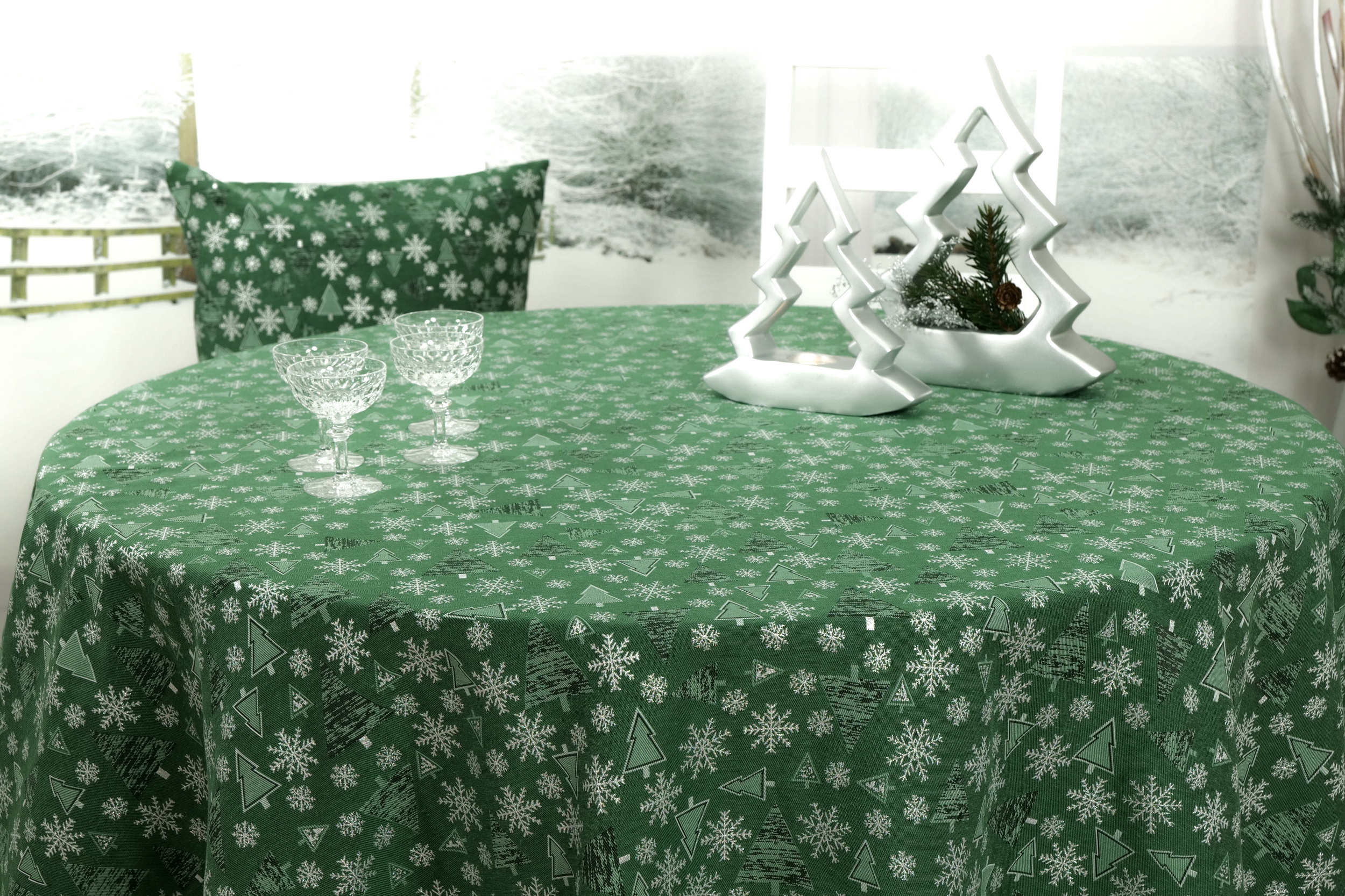 Weihnachtstischdecke Grün Silber Muster Festlichkeit ab 80 cm bis 200 cm RUND