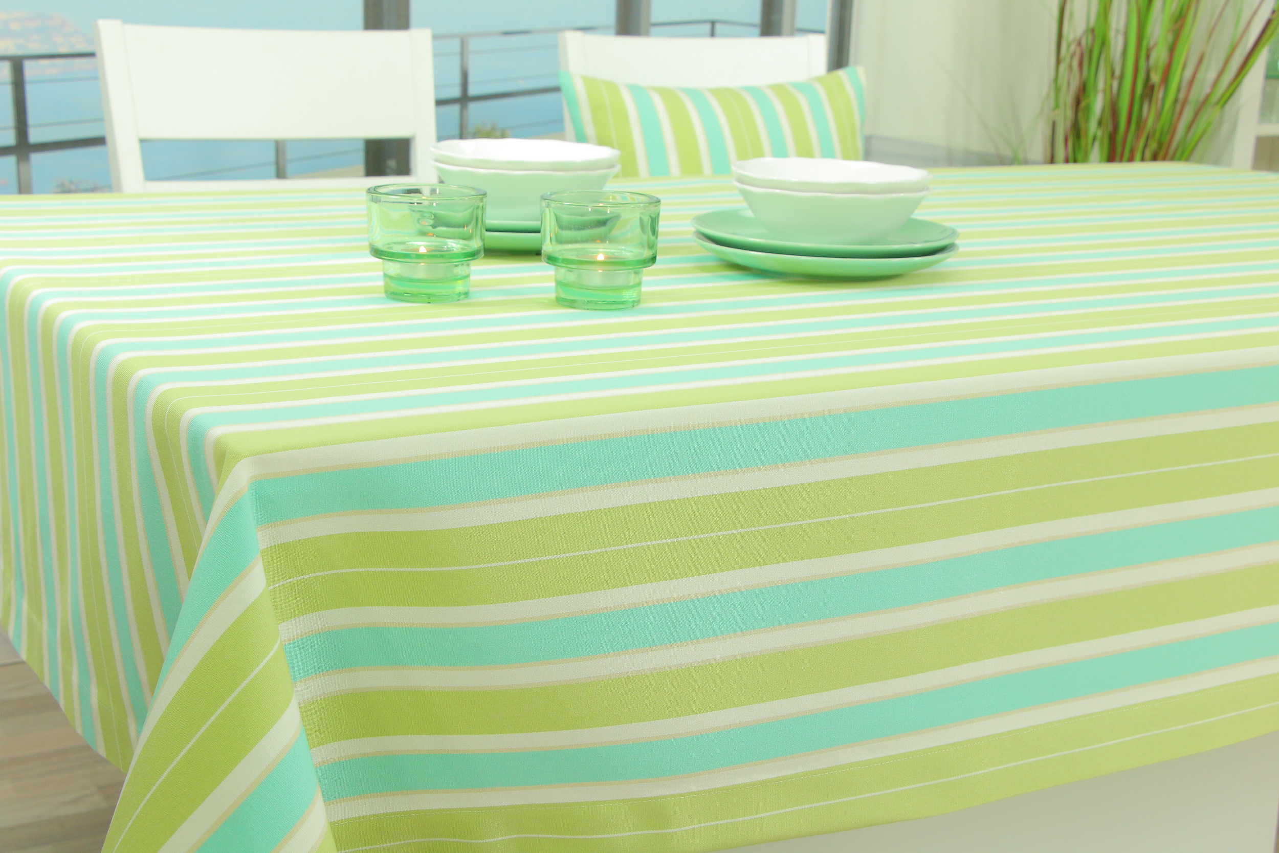 Tischdecke mit Fleckschutz Hellgrün Türkis gestreift Cleans Breite 90 cm