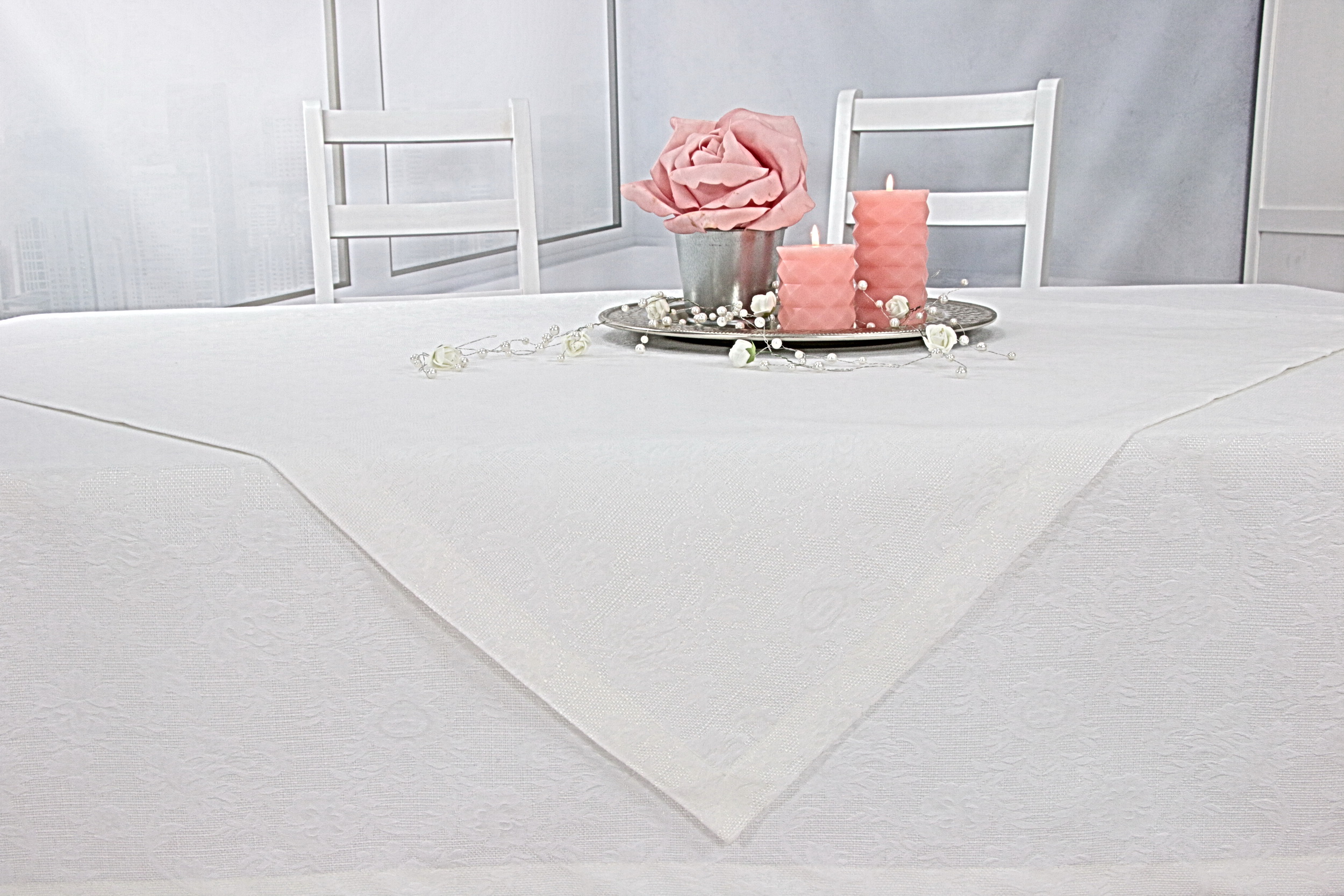 Tischdecke mit Fleckschutz Evita Perlweiß Ranke ab 80x80 cm - 200x200 cm QUADRATISCH