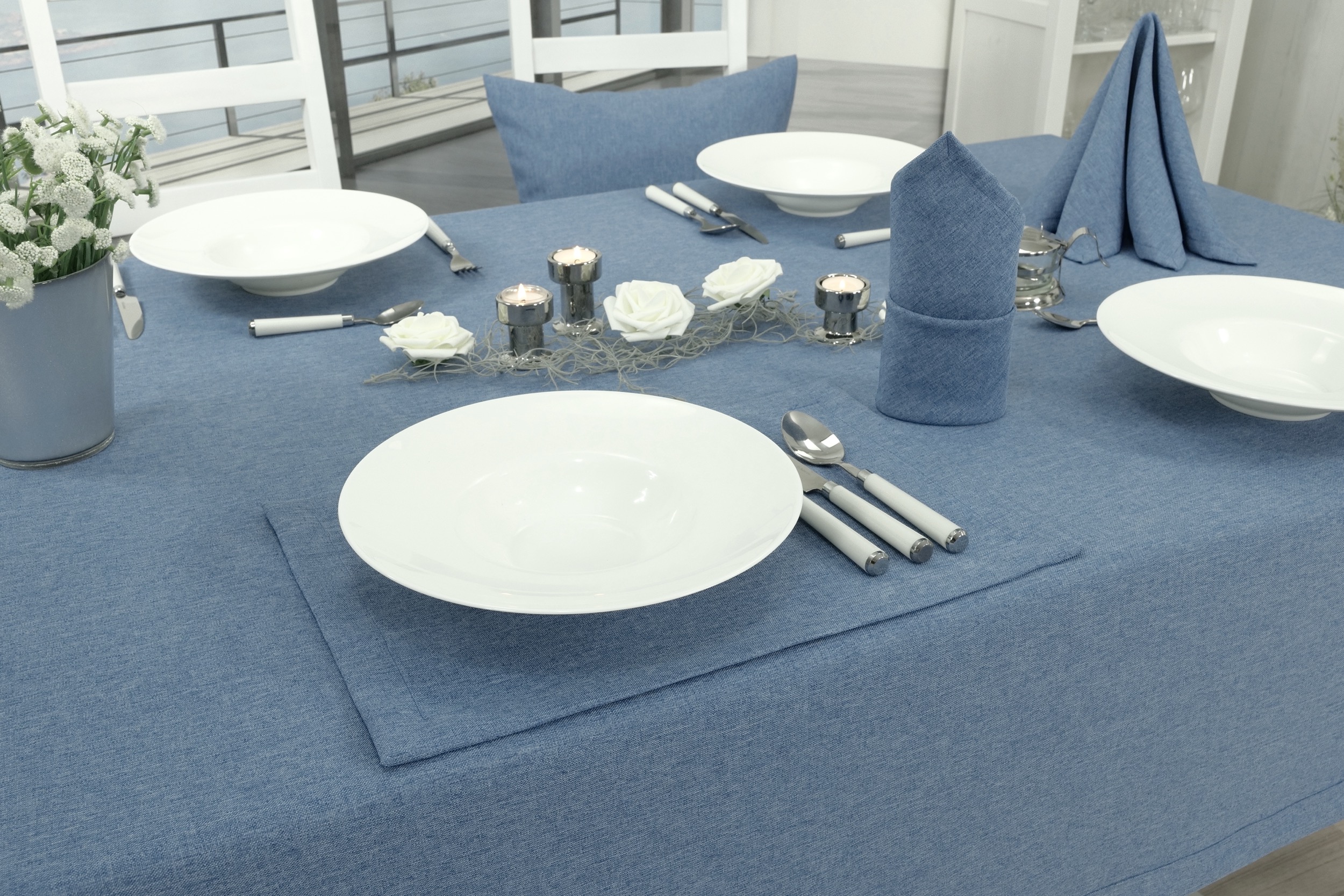 Edle Tischdecke Jeansblau einfarbig Peony Breite 100 cm