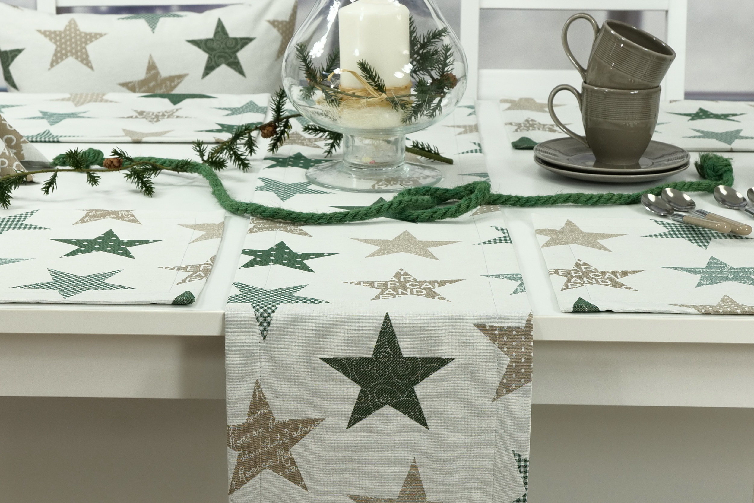 Moderne Tischläufer Beige Grün Sterne Breite 30 cm