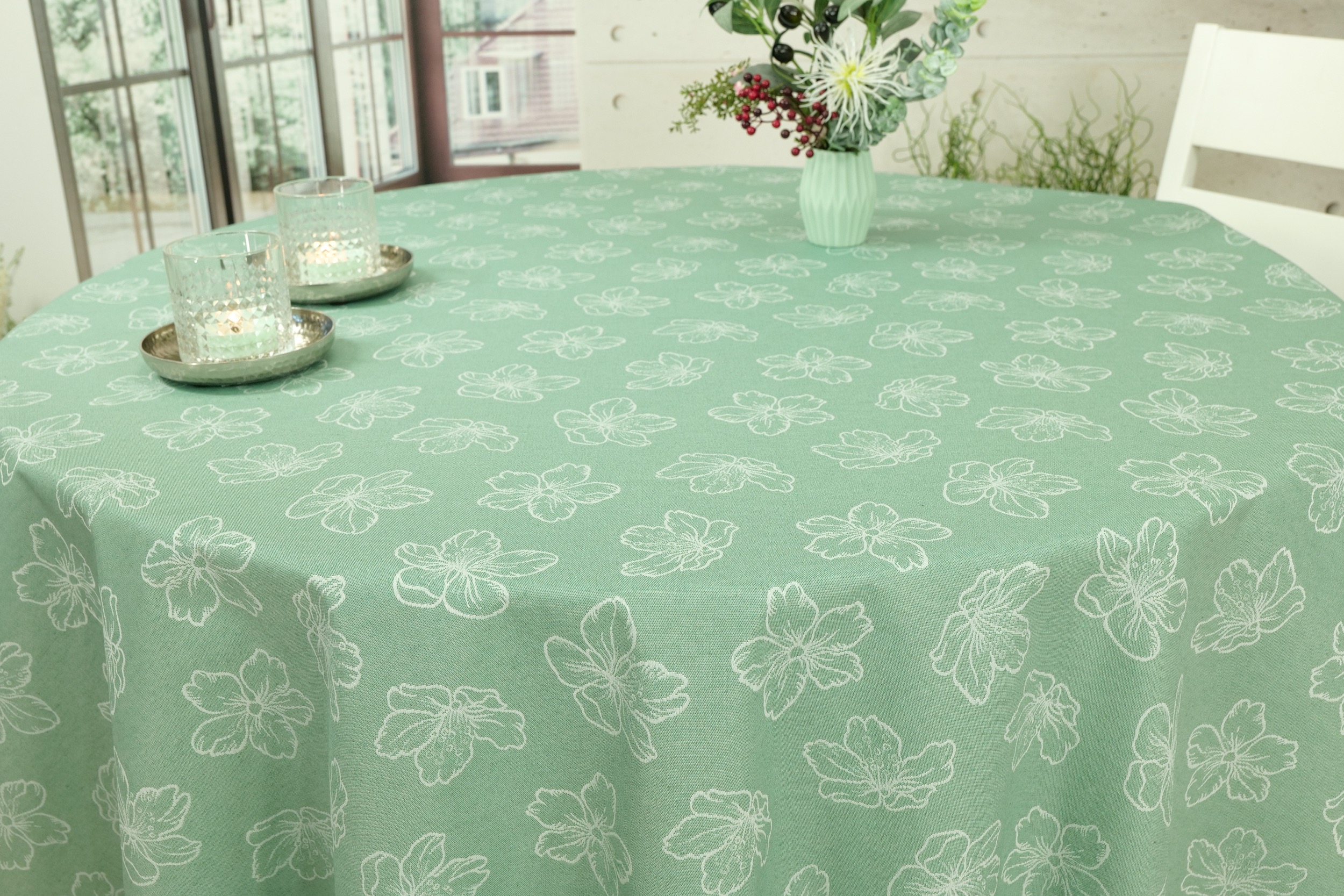 Tischdecke abwaschbar Grün Muster Blumen Adele ab 80 cm bis 138 cm RUND