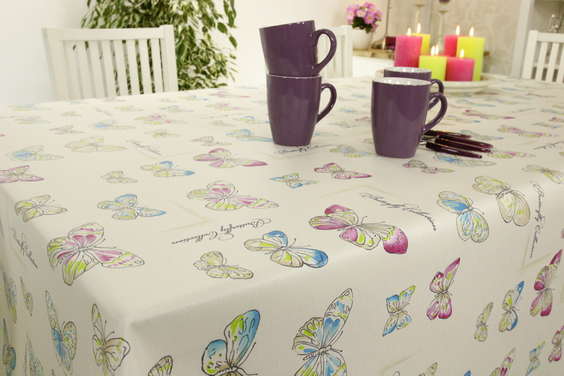 Abwaschbare Tischdecke Creme Schmetterling Türkis Pink Breite 110 cm