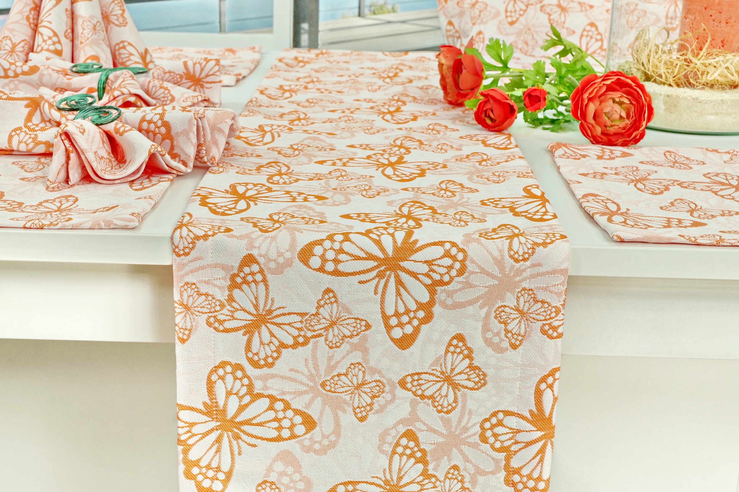 Fleckgeschützte Tischläufer Weiß Orange Muster Springtime Breite 40 cm