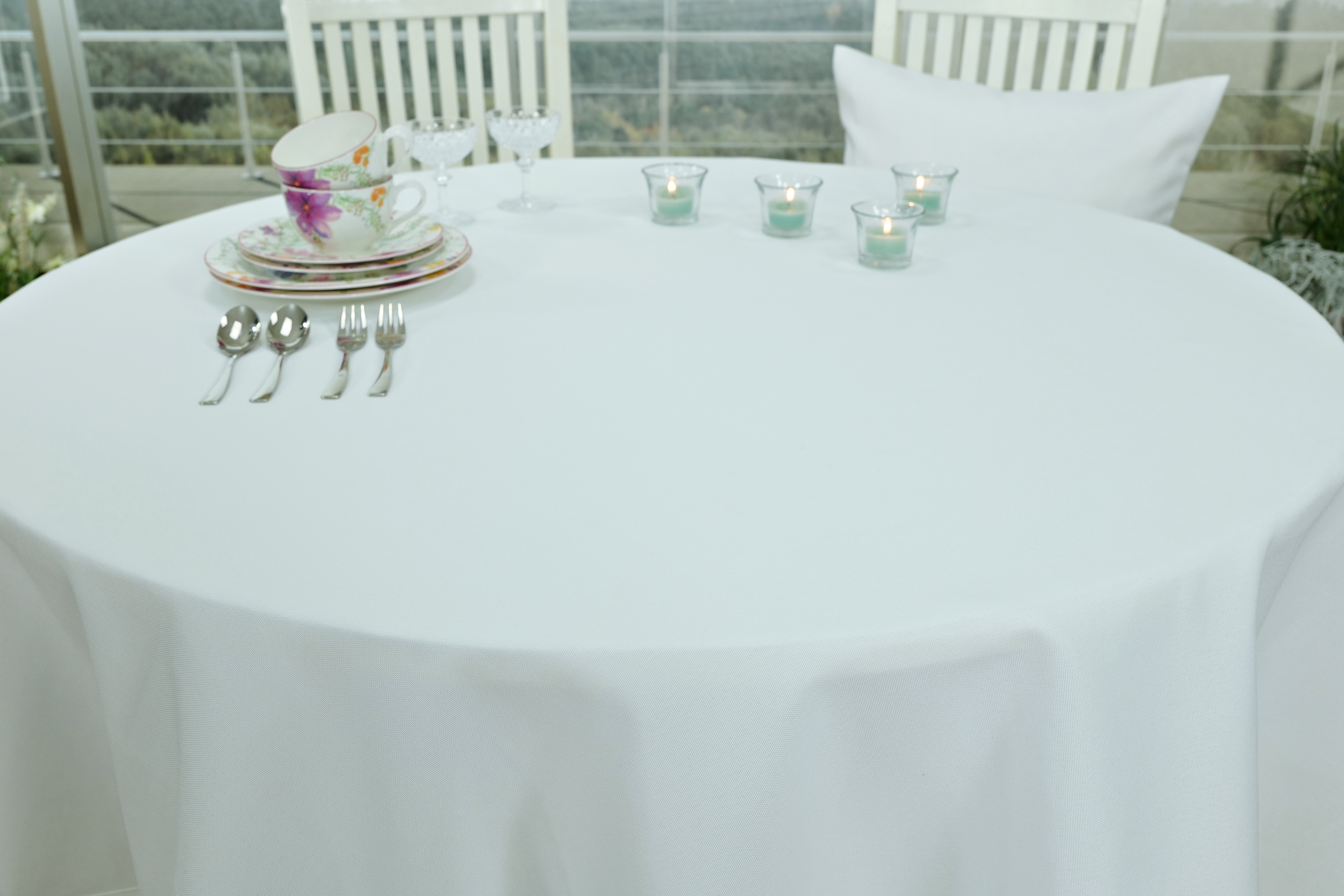 Tischdecke mit Fleckschutz Weiß uni Leinenoptik Valerie ab 80 cm bis 200 cm RUND