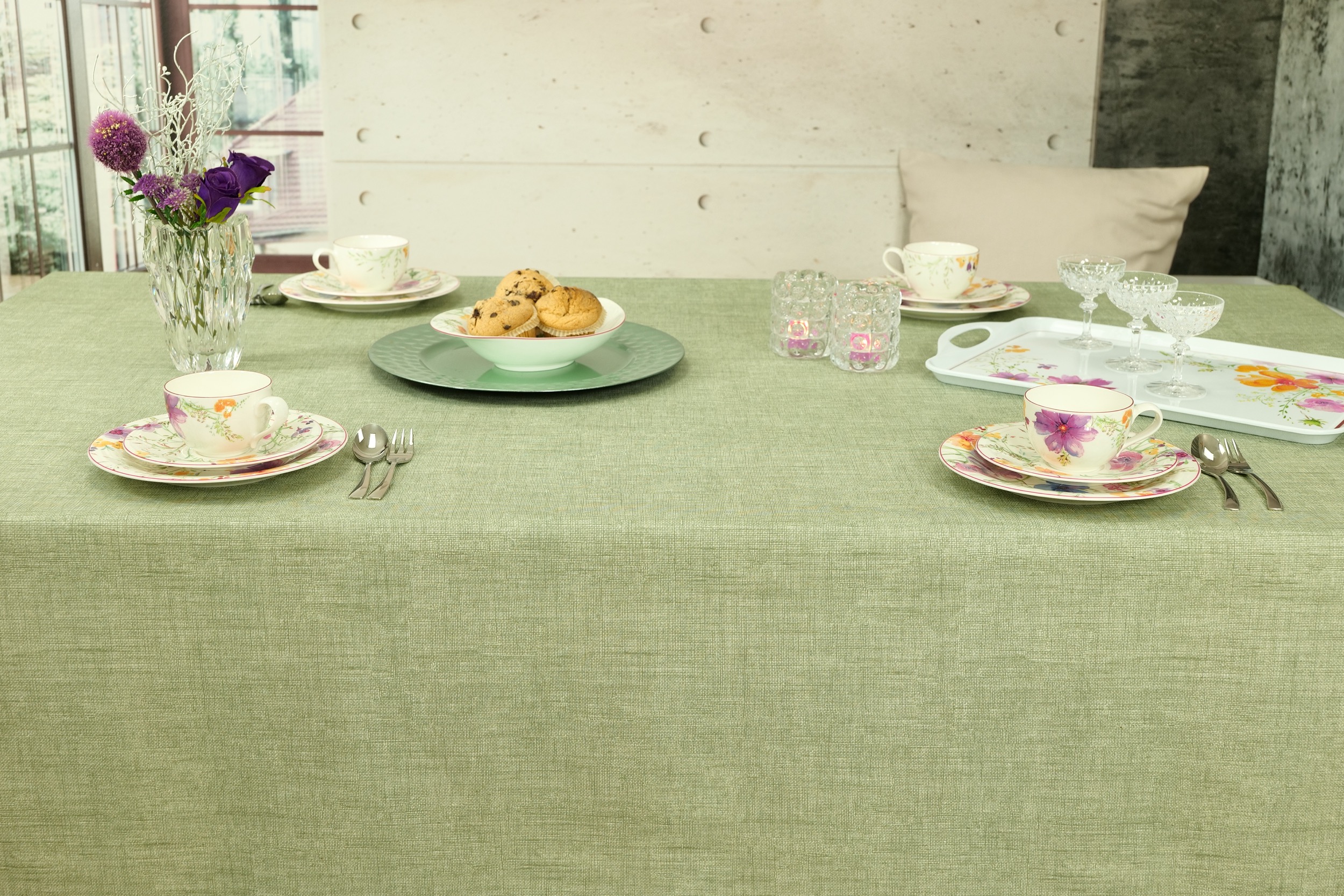 Tischdecke abwaschbar Thymiangrün einfarbig Lisanne Breite 90 cm